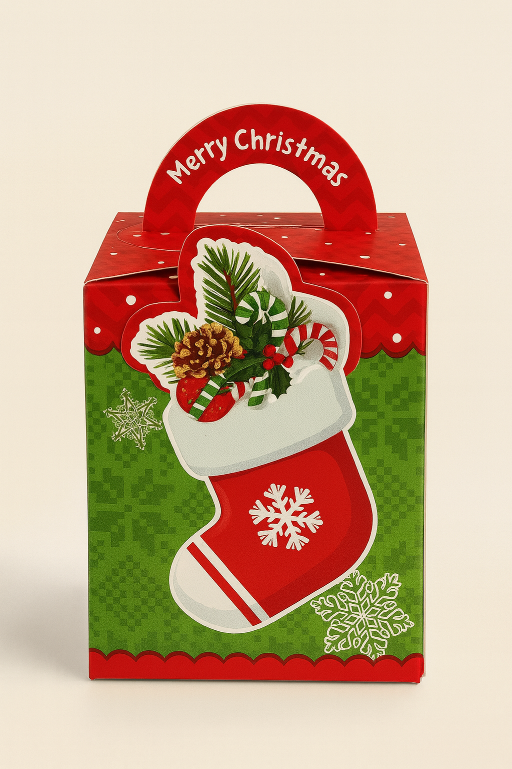 Christmas Stocking Gift Box – Red & Green Merry Christmas Box with Handle