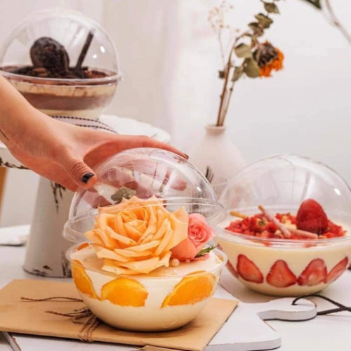 390ml Round Dessert Bowl with Dome Lid – Clear 13cm Dessert, Yogurt & Fruit Cream Container