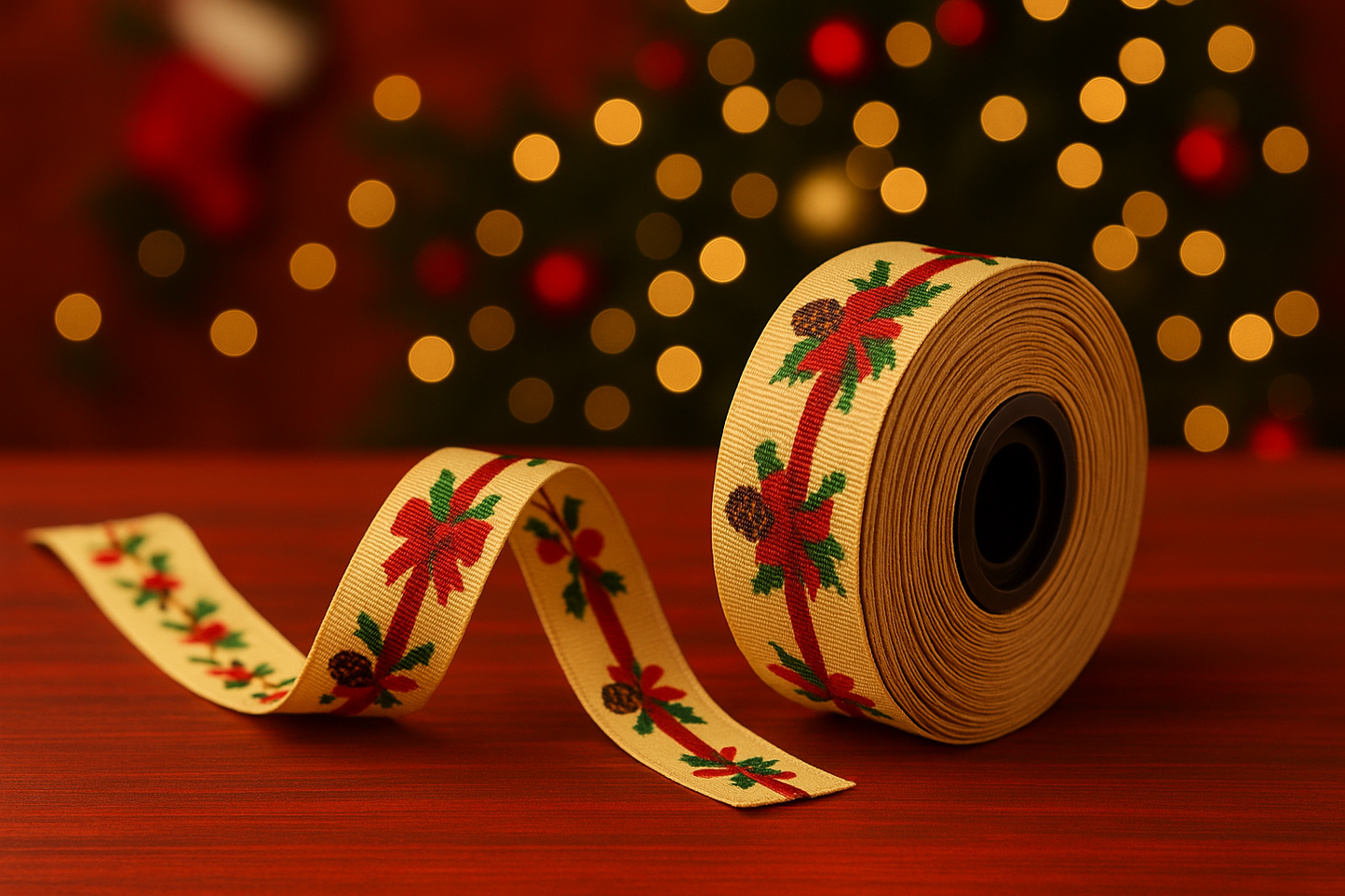 Christmas Theme Pinecone & Red Bow Ribbon Roll - 15meters