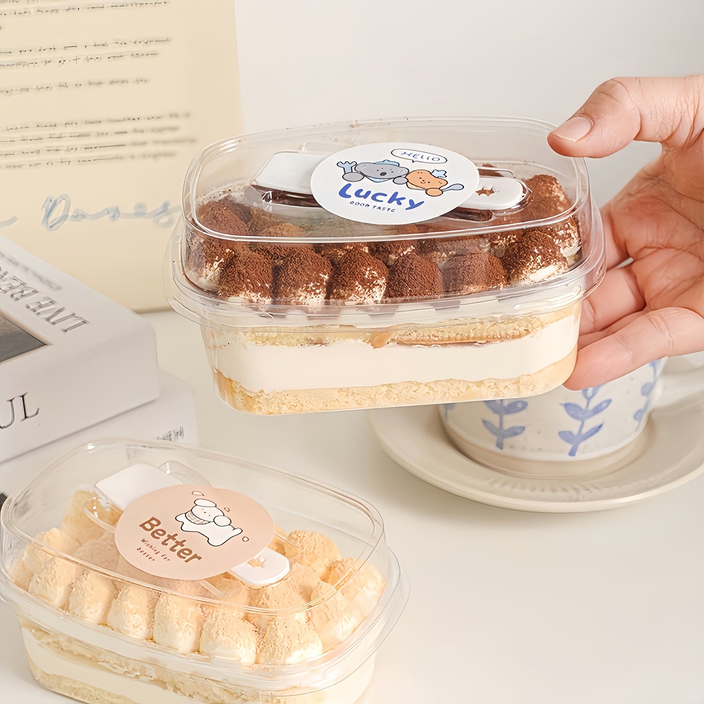 Imported Clear Rectangle Tiramisu Dessert Container with Lid & Spoon | 300ml Premium Dessert Box