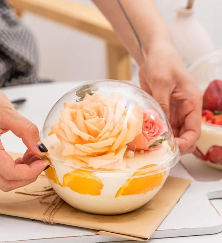 390ml Round Dessert Bowl with Dome Lid – Clear 13cm Dessert, Yogurt & Fruit Cream Container