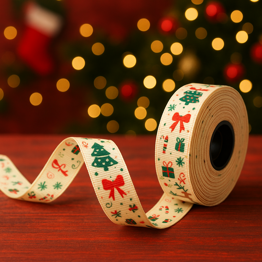 Christmas Theme Christmas Tree & Gift Icons Ribbon Roll - 15meters