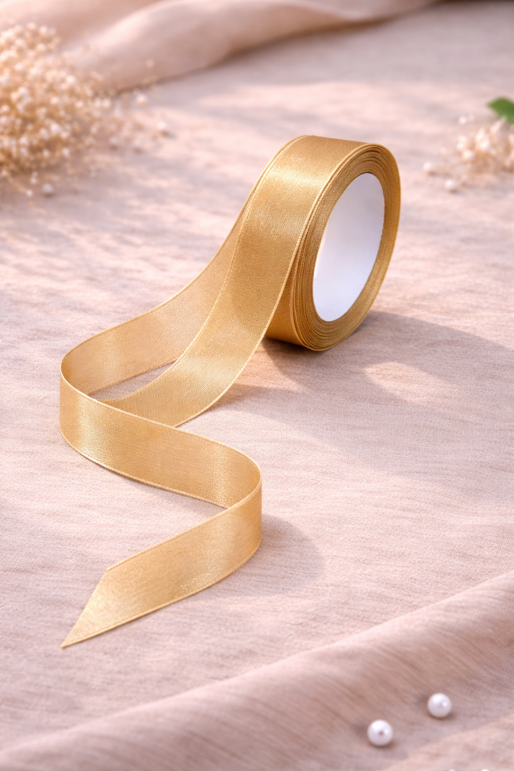 Golden Premium Organza Ribbon Roll – 15 Meters x 1 Inch Width