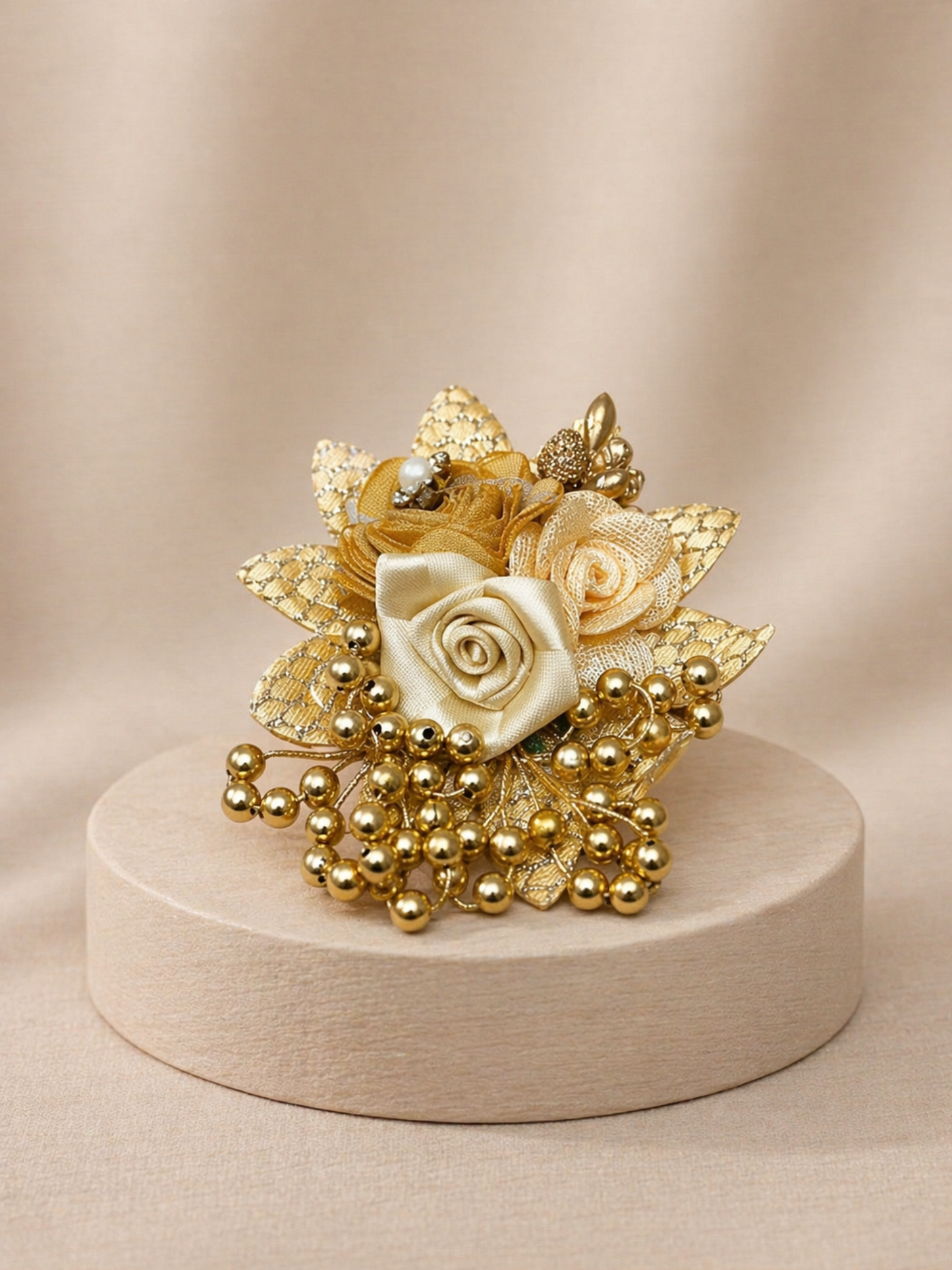 Premium Gold Floral Brooch with Satin Roses & Pearl Bead Cluster
