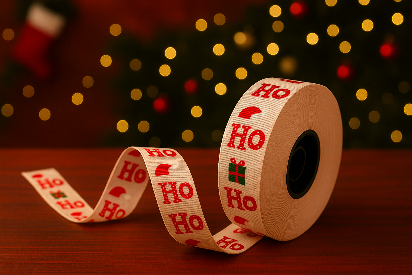 Christmas Theme Ho Ho Ho Ribbon Roll - 18 meters