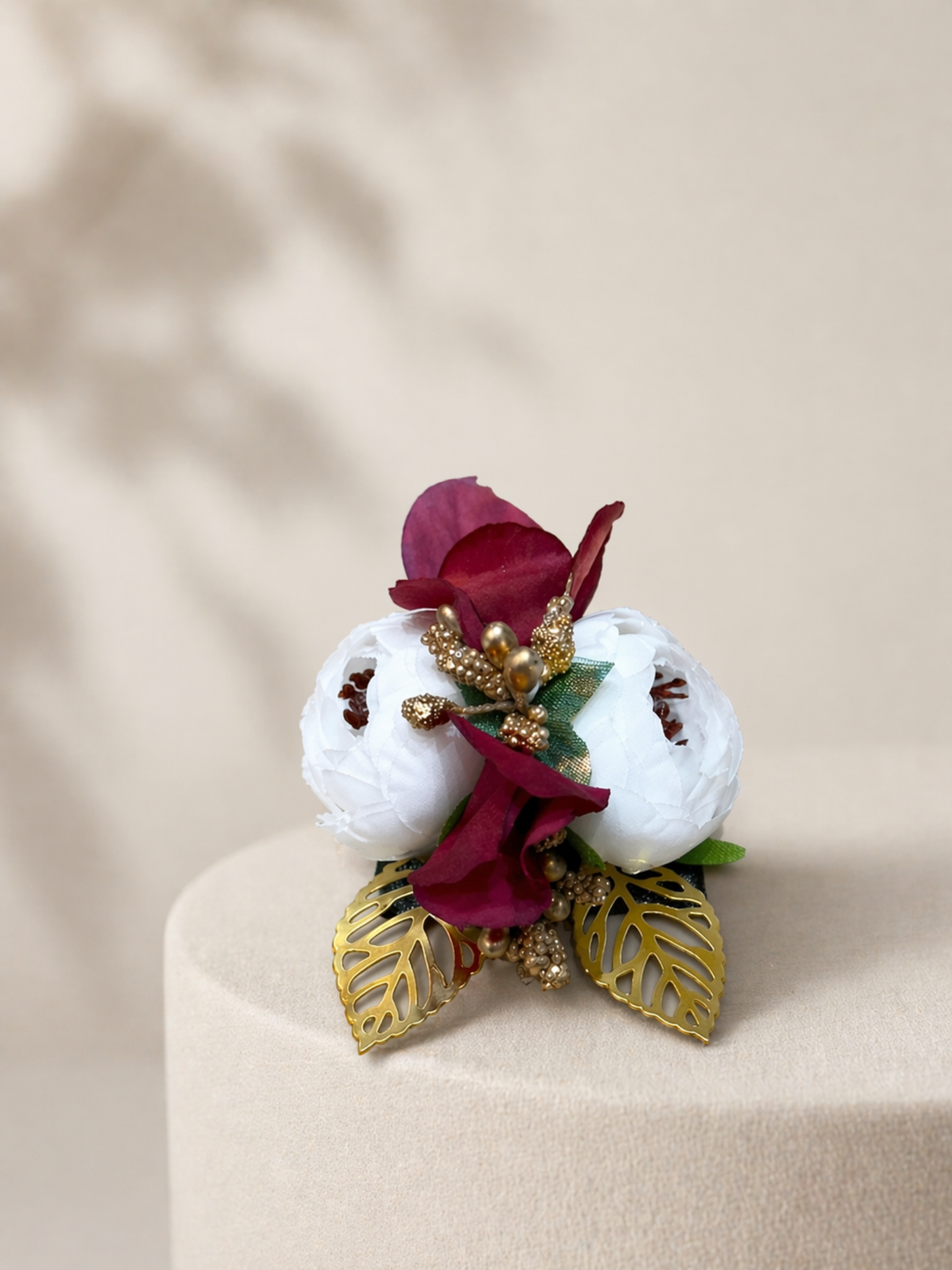 White Luxury Artificial Floral Corsage Brooch with Metallic Leaves & Beaded Detailing
