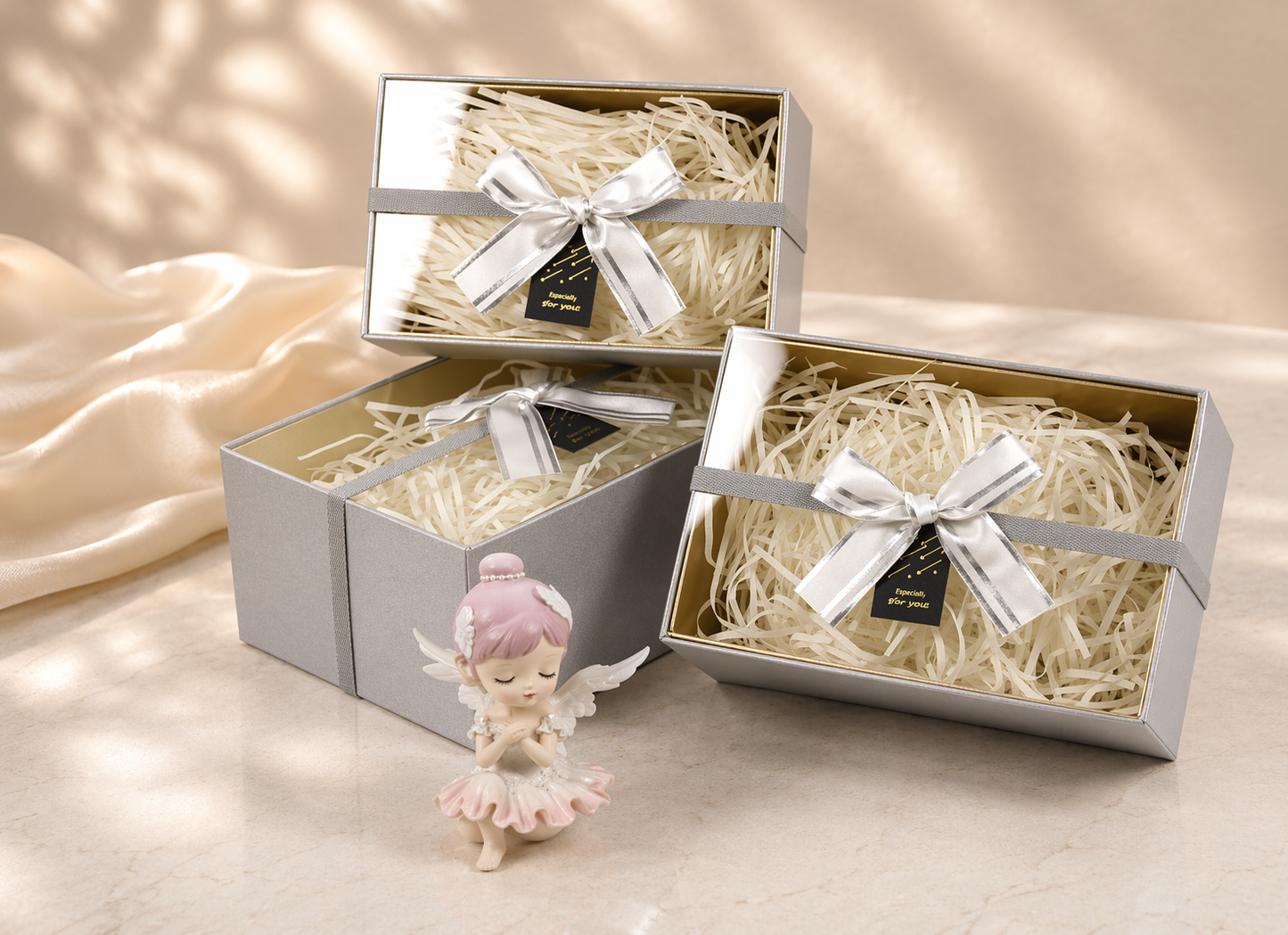 Grey Premium Rectangle Acrylic Lid Gift Box Set (Set of 3) with Ribbon & Fillers