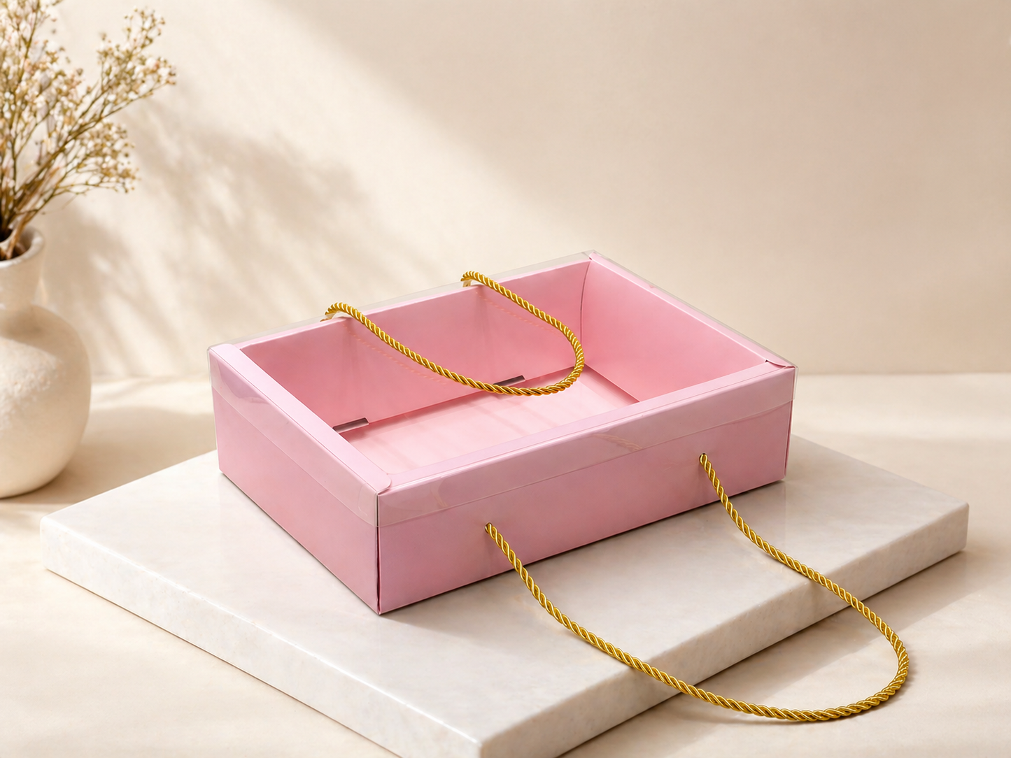 Pink Clear Lid Hamper Tray Box with Rope Handle – Foldable Gift Packaging
