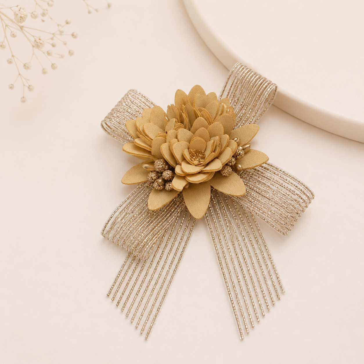 Luxury Gold Floral Brooch with Metallic Ribbon Bow – Premium Hamper & Gift Decoration
