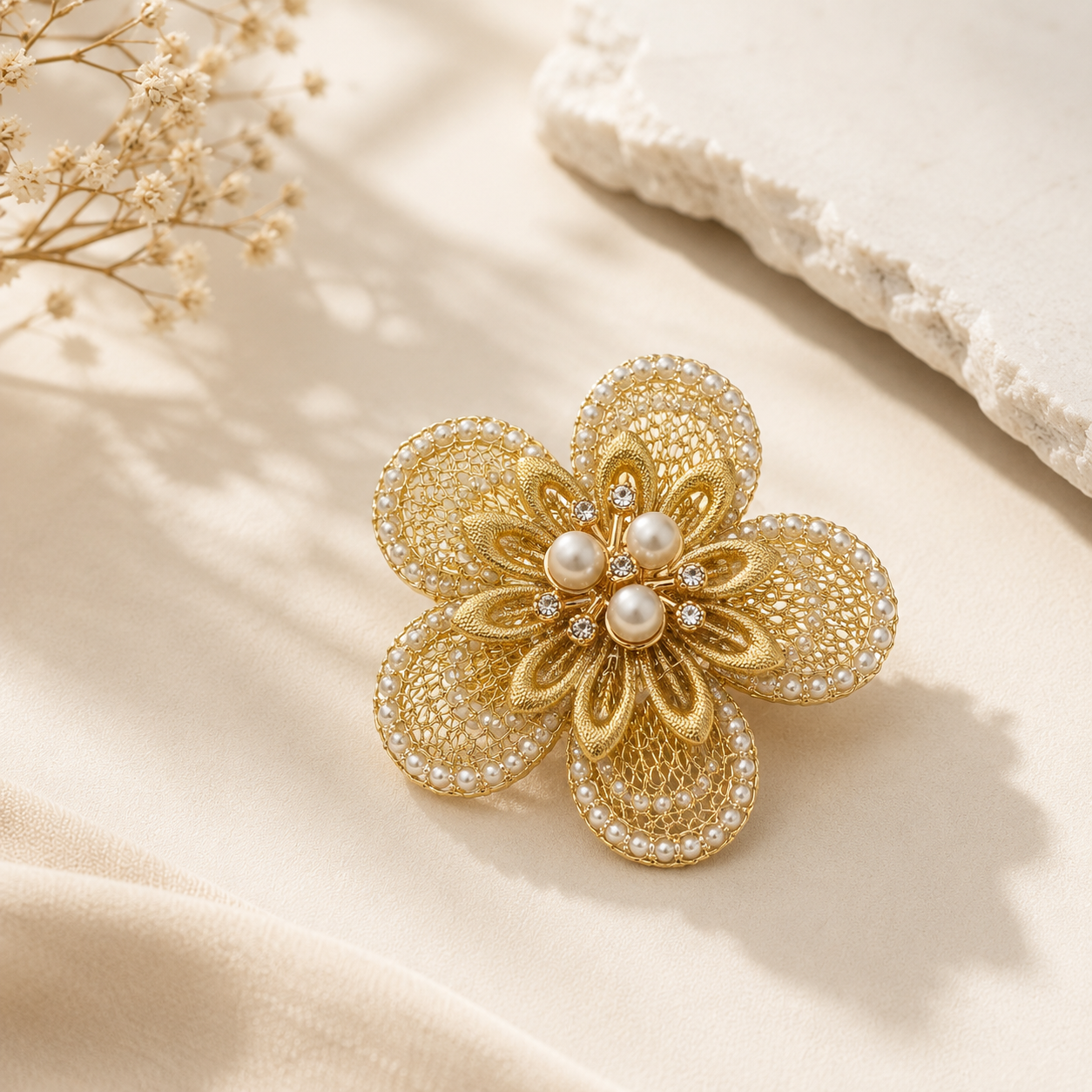 Luxury Pearl Mesh Flower Corsage Brooch | Premium Bouquet & Hamper Decoration | Decorative Floral Embellishment
