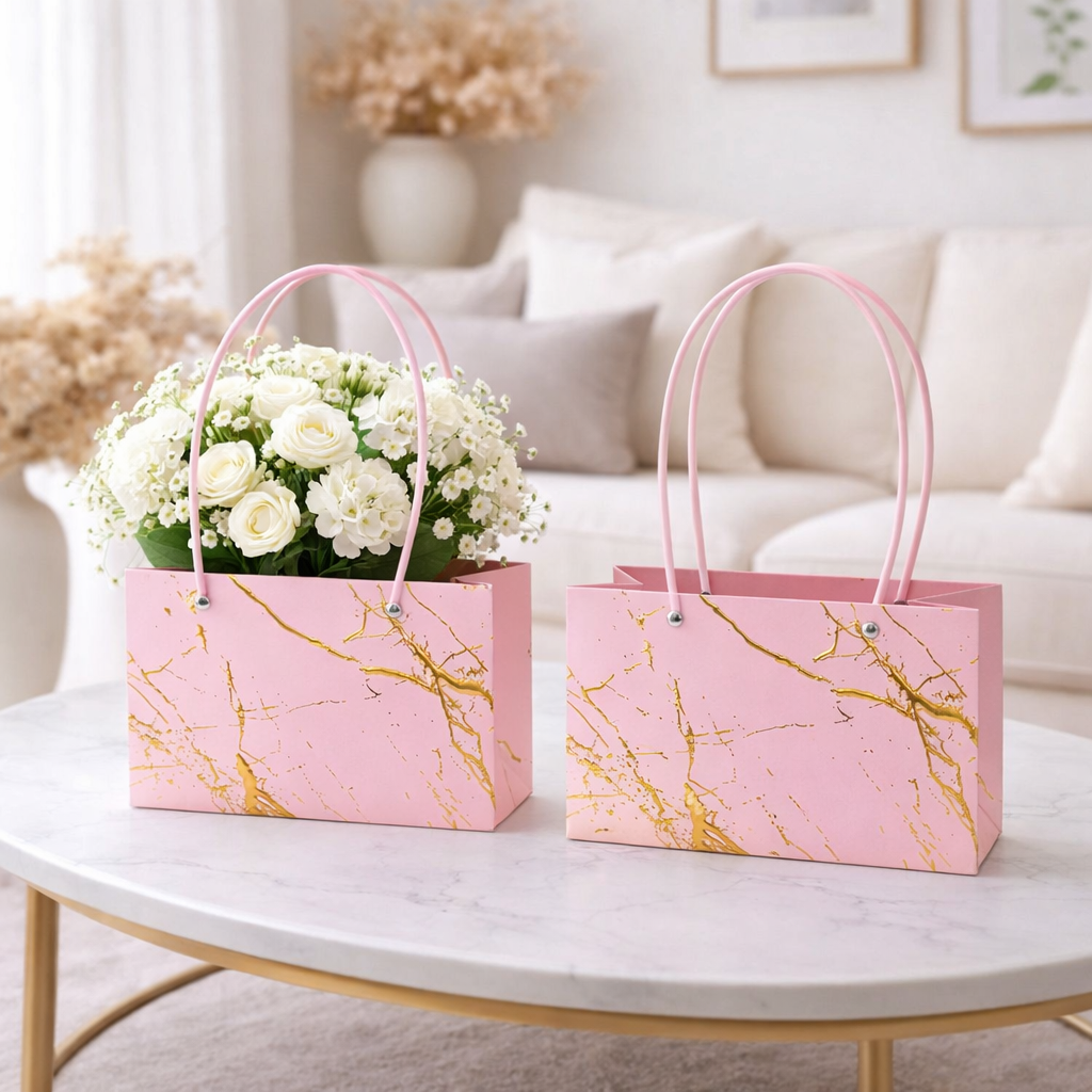 Pink Premium Marble Design Flower Carry Bag | Leakproof Gift Hamper Bag with Handles