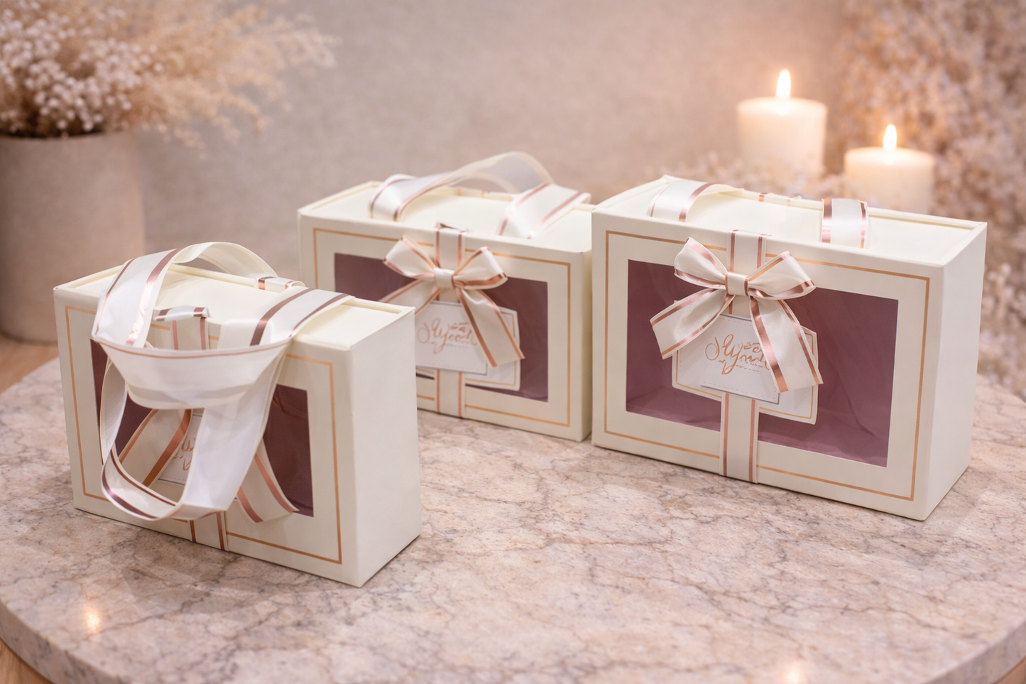 Ivory Premium Drawer Style Window Gift Boxes Set of 3 – Pull-Out Hamper Packaging with Ribbon