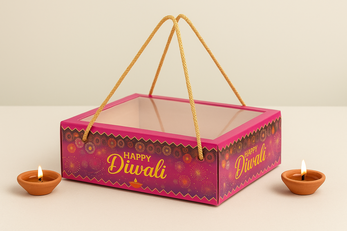 Pink Premium Diwali Gift Box with Golden Rope Handle – Transparent Lid