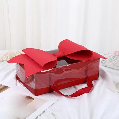 Small Red Luxury Transparent Gift Hamper Box with Bow & Ribbon Handle | Rectangle Red Bow Box 30 × 21 × 10 cm