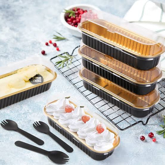 BLACK RECTANGLE FOIL BAKE&SERVE WITH LID | Long Cake Slice Containers with Clear Lids – Colorful Disposable Dessert Boxes for Pastries, Cakes, Treats