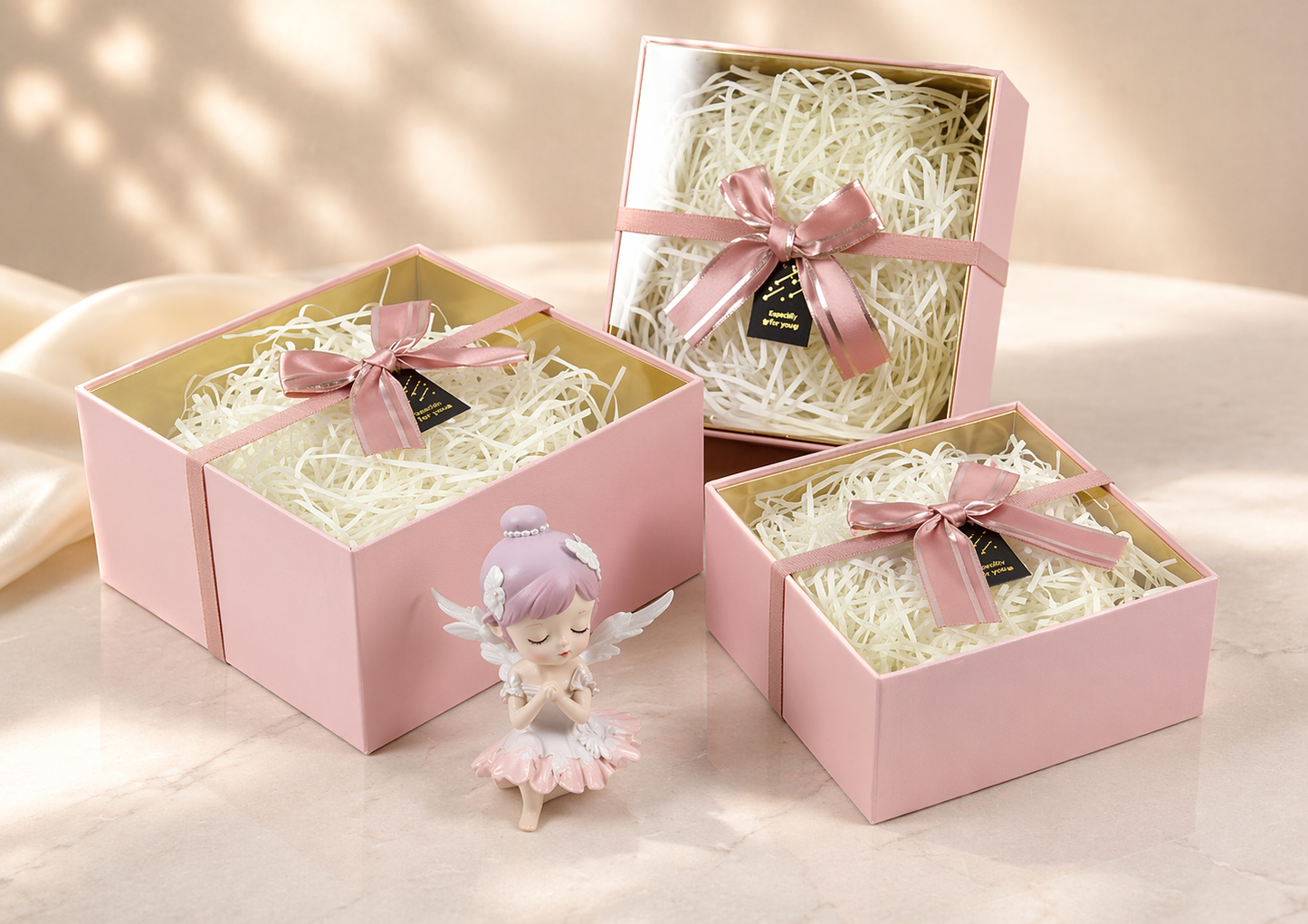 Pink Premium Square Acrylic Lid Gift Box Set (Set of 3) with Ribbon & Fillers