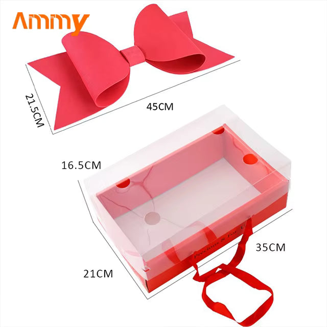 Luxury Red Gift Box with Large Bow & Clear Lid | Red Hamper Box With Bow