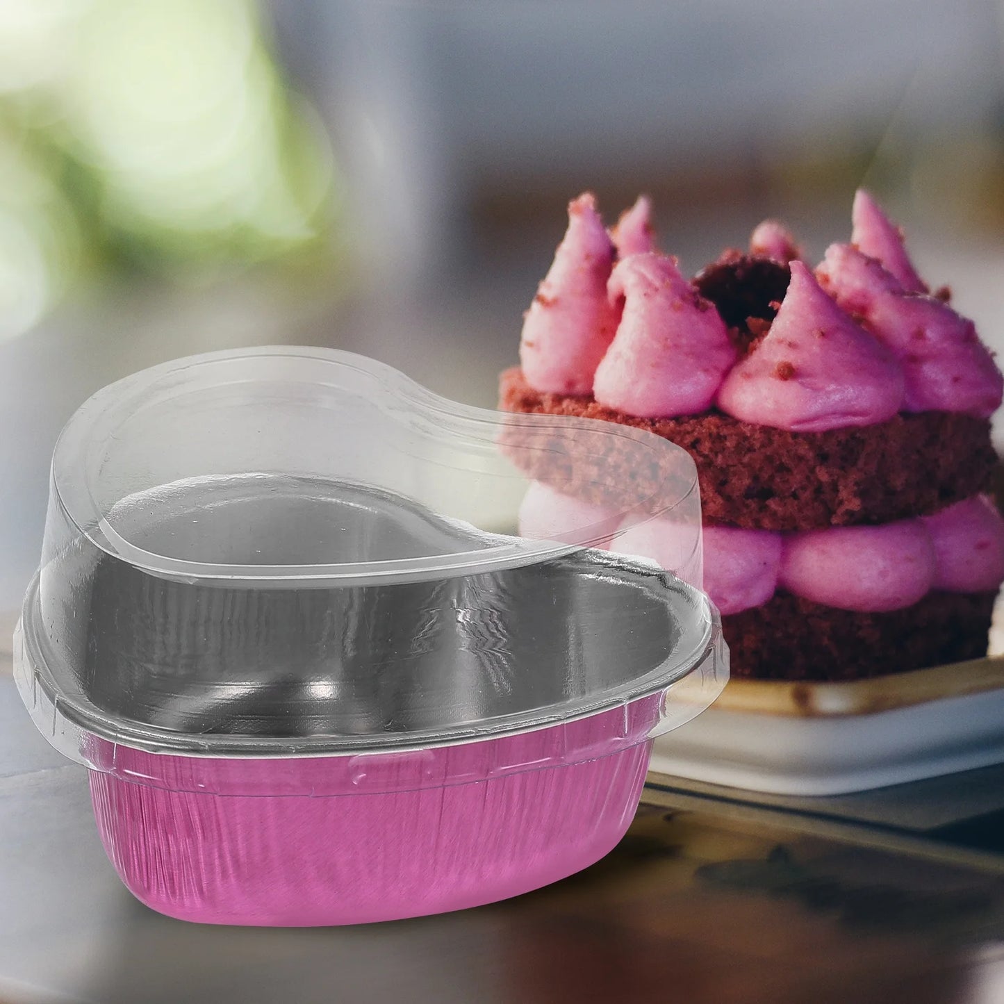 Pink Heart-Shaped Aluminum Foil Baking Cups with Lids –Disposable Cake Molds | HEART FOIL BAKE&SERVE WITH LID
