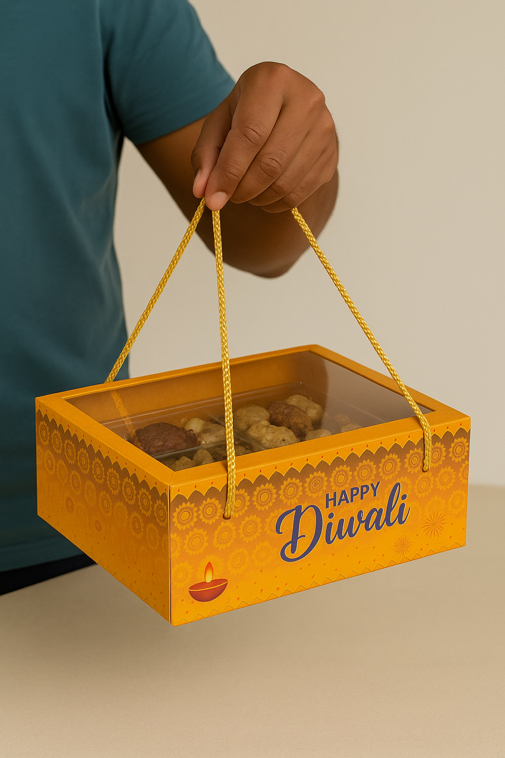 Yellow Premium Diwali Gift Box with Golden Rope Handle – Transparent Lid