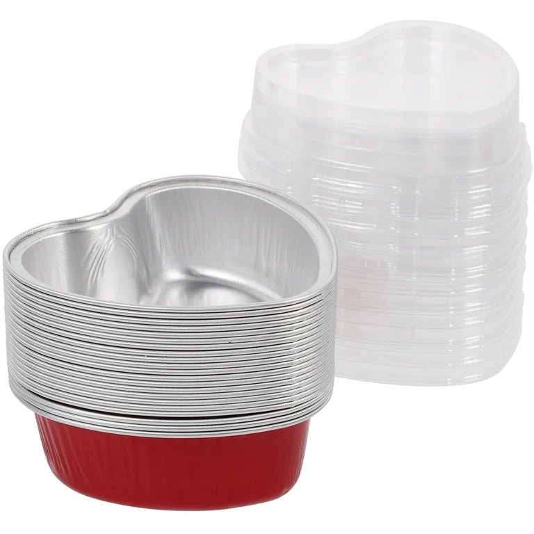Red Heart-Shaped Aluminum Foil Baking Cups with Lids –Disposable Cake Molds | HEART FOIL BAKE&SERVE WITH LID