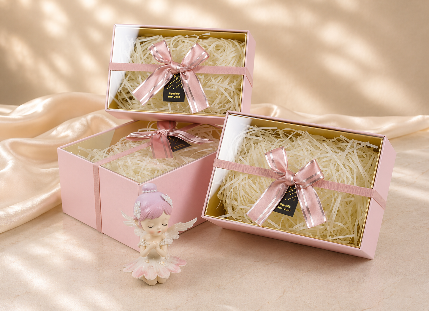 Pink Premium Rectangle Acrylic Lid Gift Box Set (Set of 3) with Ribbon & Fillers