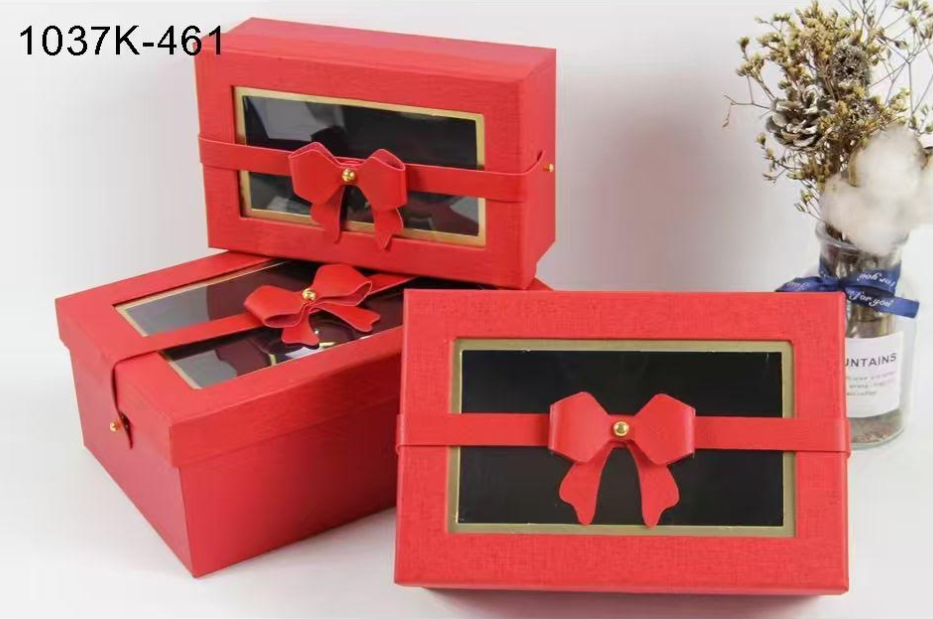 Red Premium Rectangle Window Gift Boxes Set of 3 – Rectangle Dual Lock Strap Closure Hamper Boxes for Gifting & Packaging