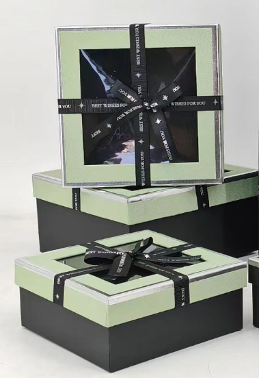 Green & Black Luxury Square Window Gift Boxes Set of 3 – Square Ribbon Hamper Boxes for Gifting & Packaging