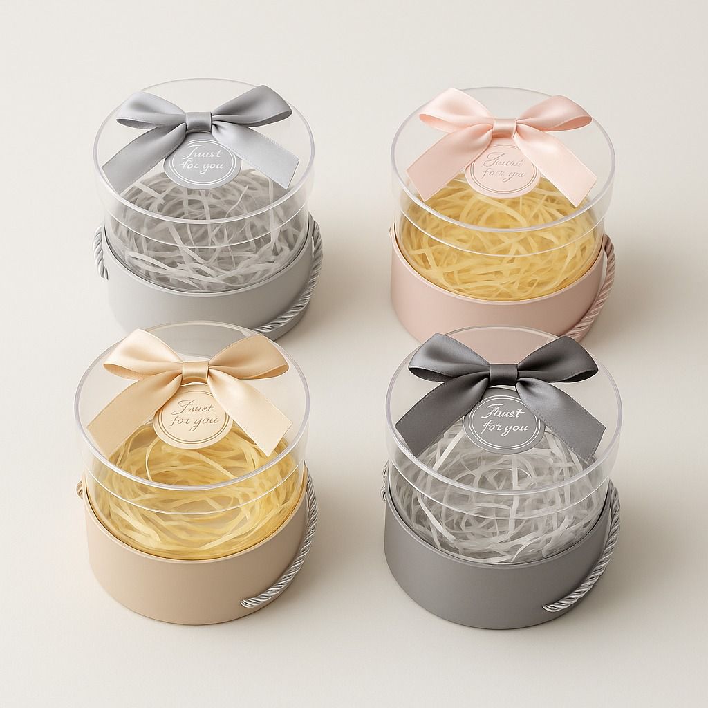 Round Acrylic Gift Box with Rope Handle & Satin Ribbon – Elegant Pastel Colors | Acrylic Hamper Gift Box