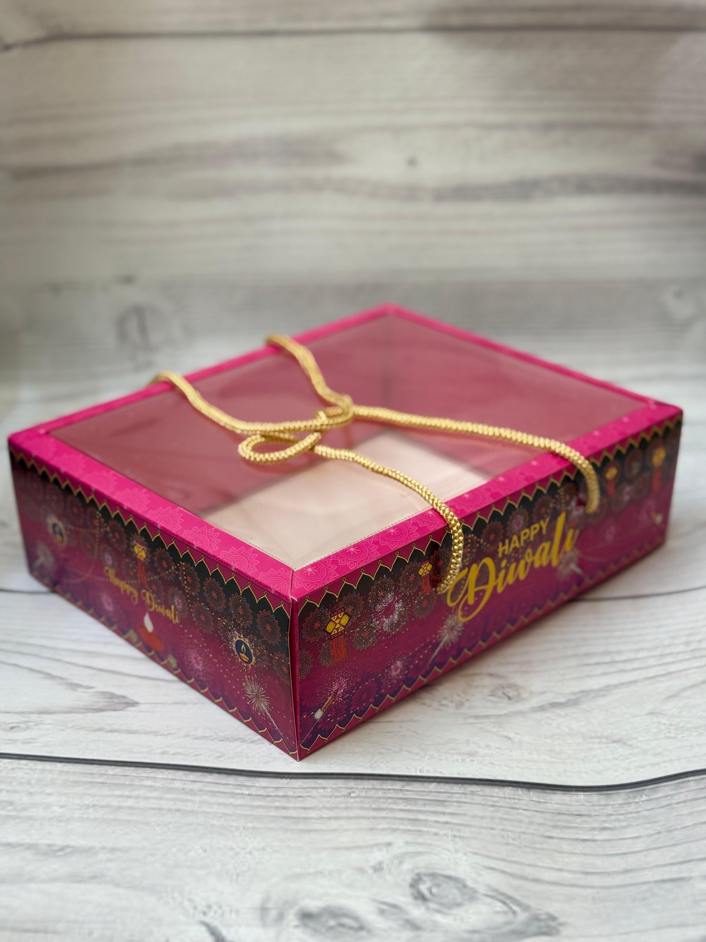 Pink Premium Diwali Gift Box with Golden Rope Handle – Transparent Lid
