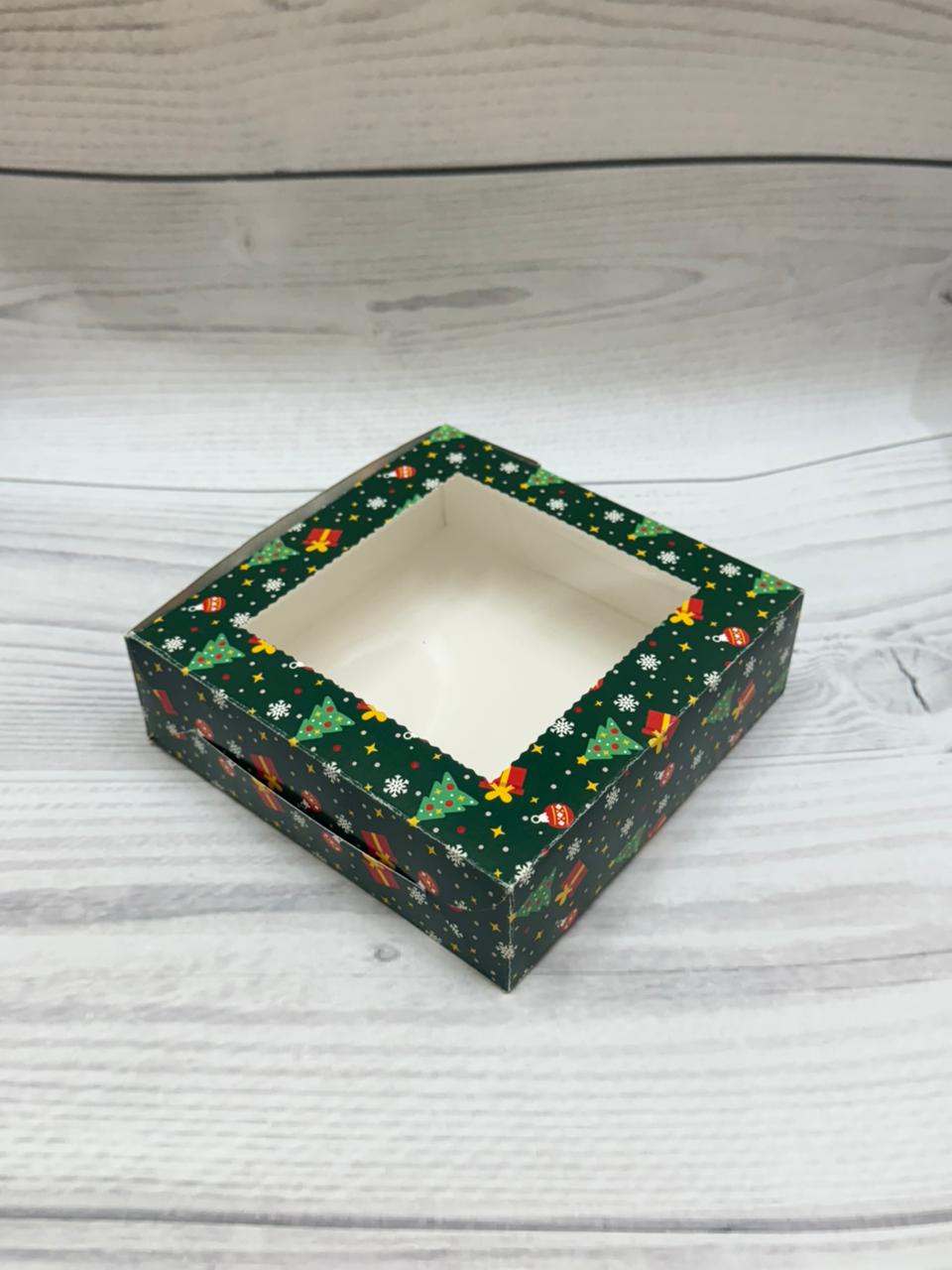 Green Christmas Print 4 Brownie Box – Festive Packaging with Window