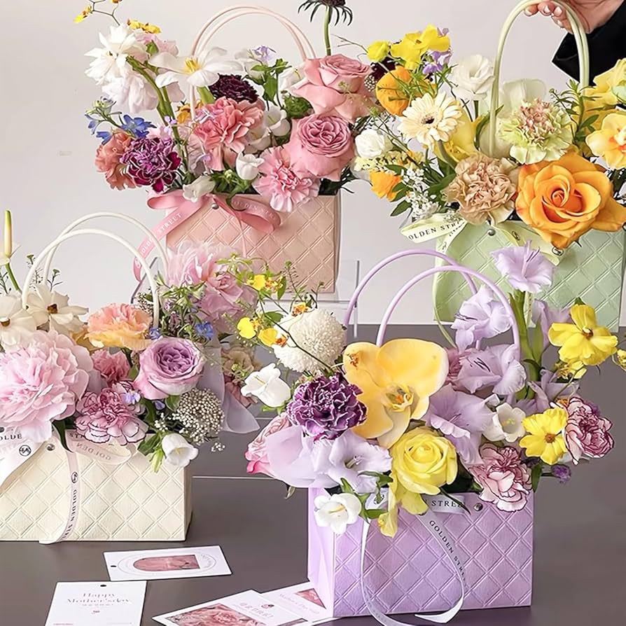 White Aesthetic Waterproof Flower Gift Bags | Premium Rectangular Gift Bag with Handle
