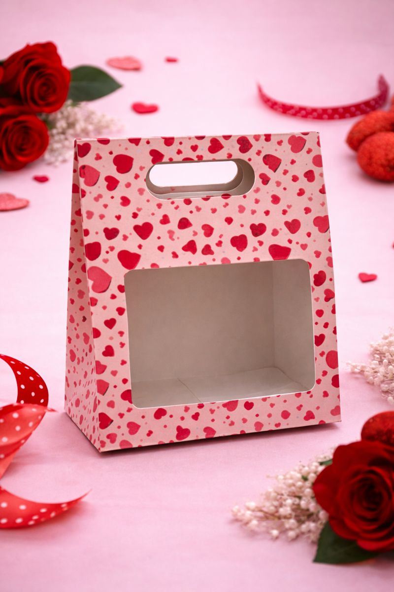 Valentine Heart Print 2 Jar Gift Bag with Clear Window – Premium Gifting Packaging