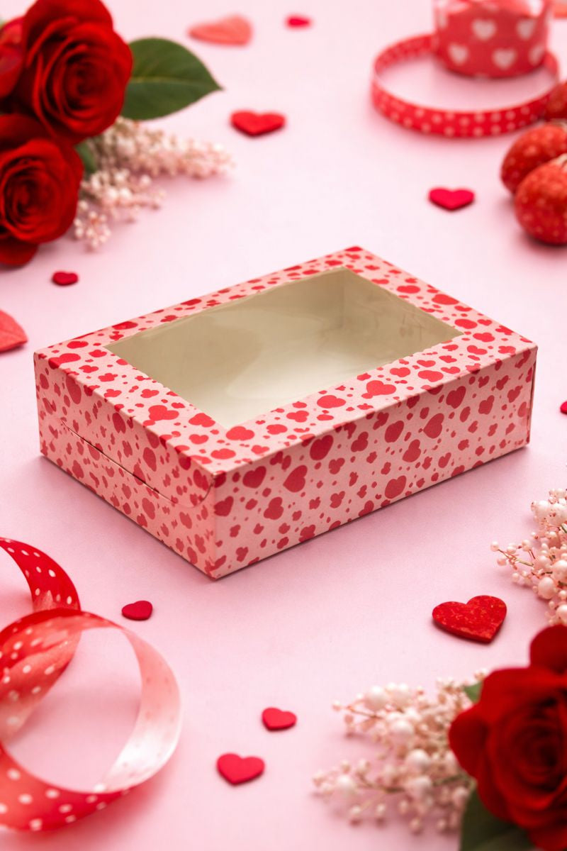 Valentine Heart Print 6 Brownie Box with Clear Window – Festive Packaging with Window