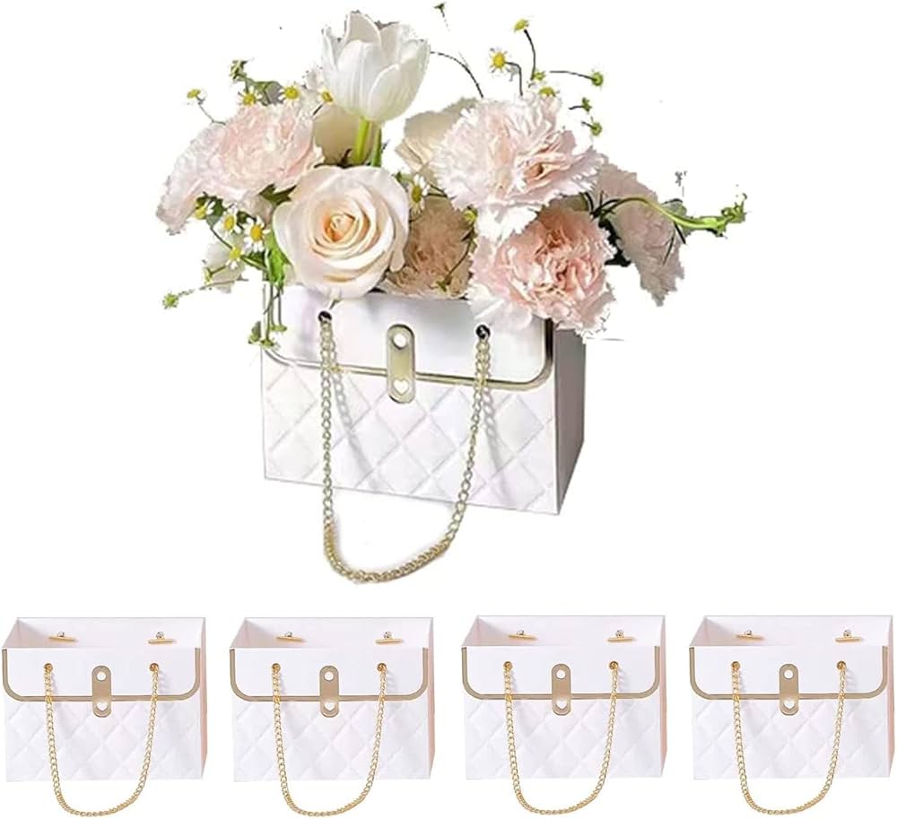 White Luxury Floral Gift Bag with Chain | Decorative Flower Box for Gifting & Events