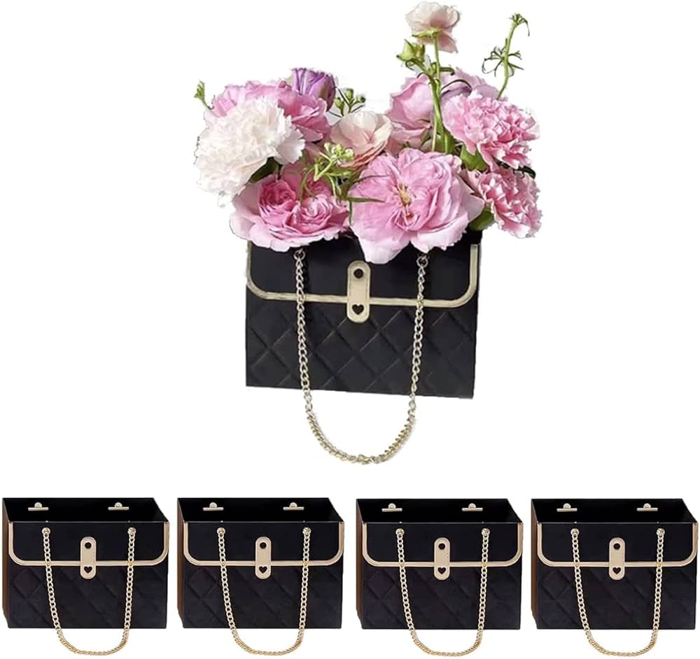 Black Luxury Floral Gift Bag with Chain | Decorative Flower Box for Gifting & Events