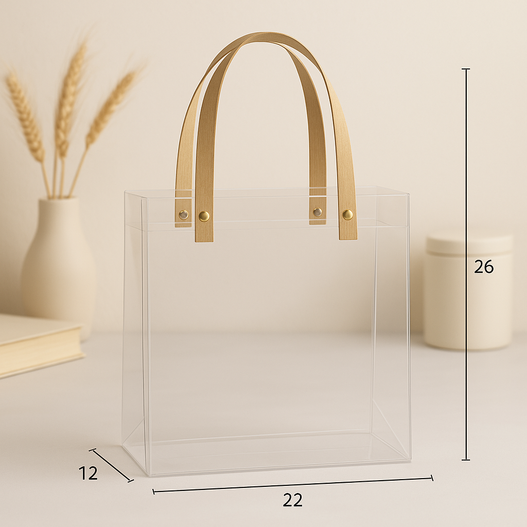 Large Transparent PVC Gift Bag with Kraft Handles – Premium Hamper Packaging | Pvc Hamper Bag 26x22x12 cmscms