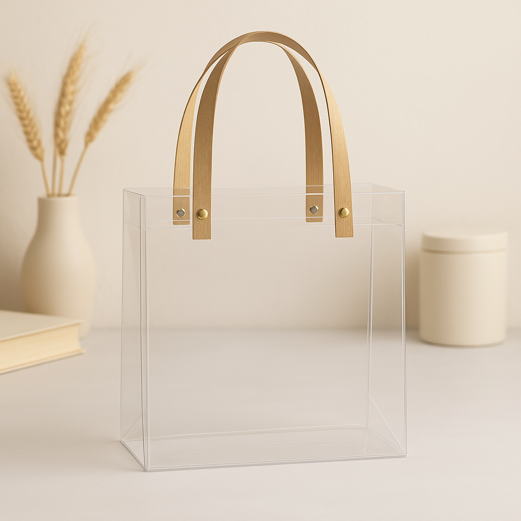 Large Transparent PVC Gift Bag with Kraft Handles – Premium Hamper Packaging | Pvc Hamper Bag 26x22x12 cmscms