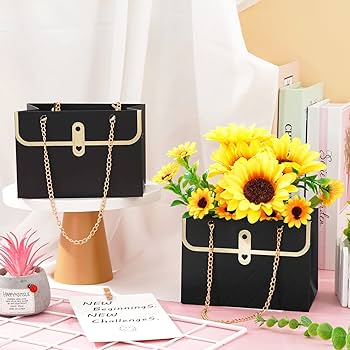Black Luxury Floral Gift Bag with Chain | Decorative Flower Box for Gifting & Events