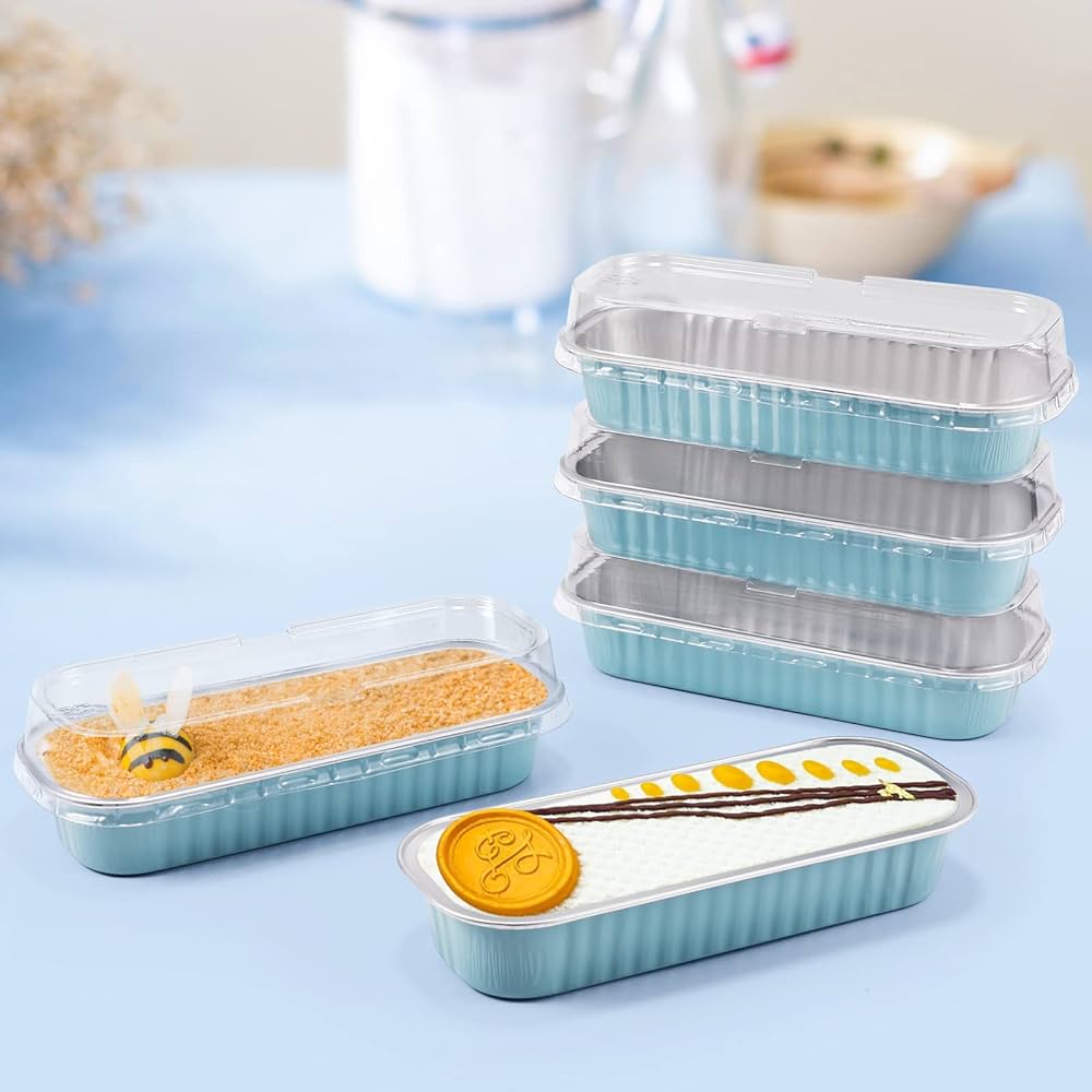 BLUE RECTANGLE FOIL BAKE&SERVE WITH LID | Long Cake Slice Containers with Clear Lids | Colorful Disposable Dessert Boxes for Pastries, Cakes, Treats