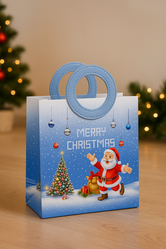 Blue Merry Christmas Gift Bag with Santa Print – Luxury Festive Packaging for Hampers, Gifts & Chocolates