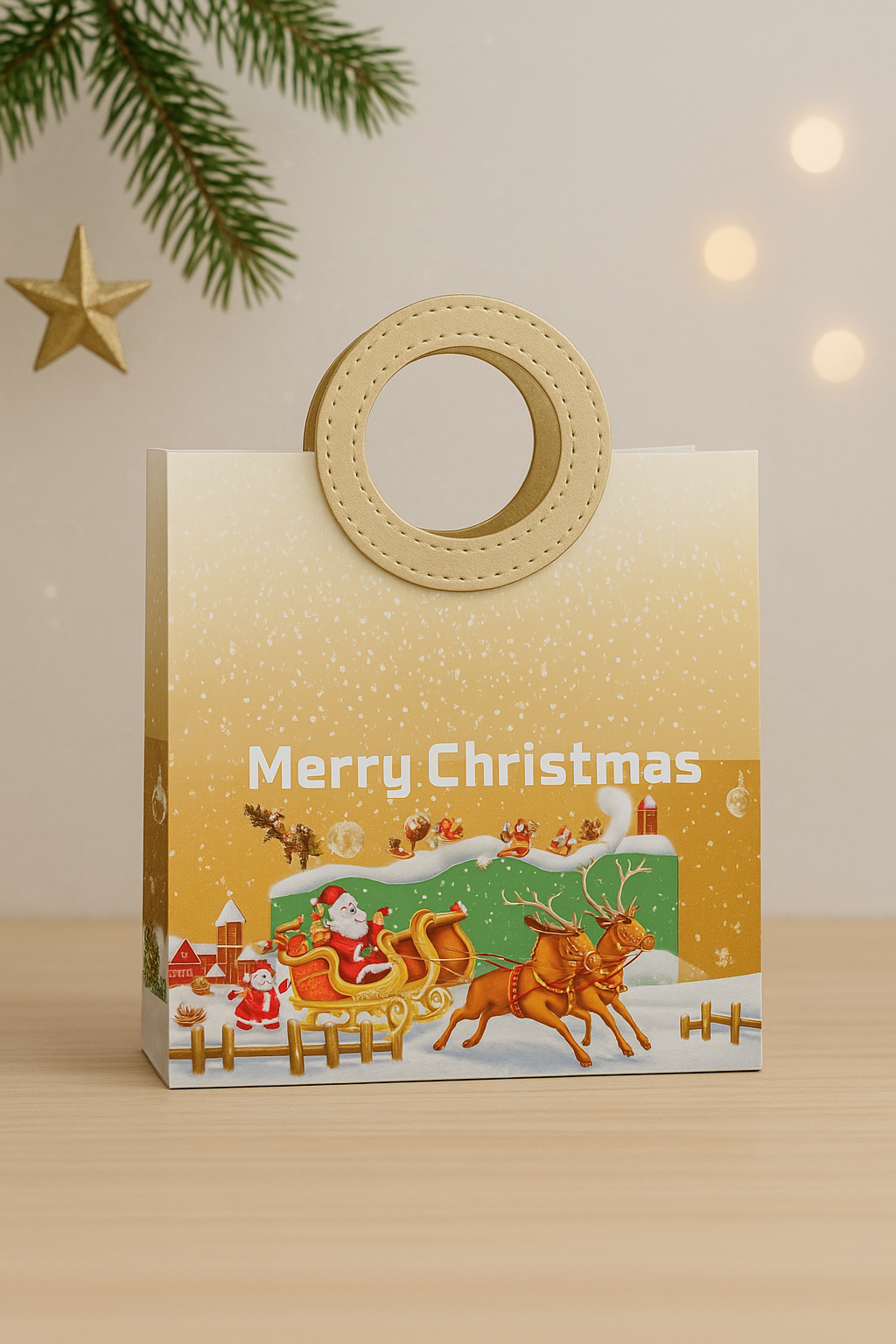 Golden Merry Christmas Gift Bag with Santa Print – Luxury Festive Packaging for Hampers, Gifts & Chocolates