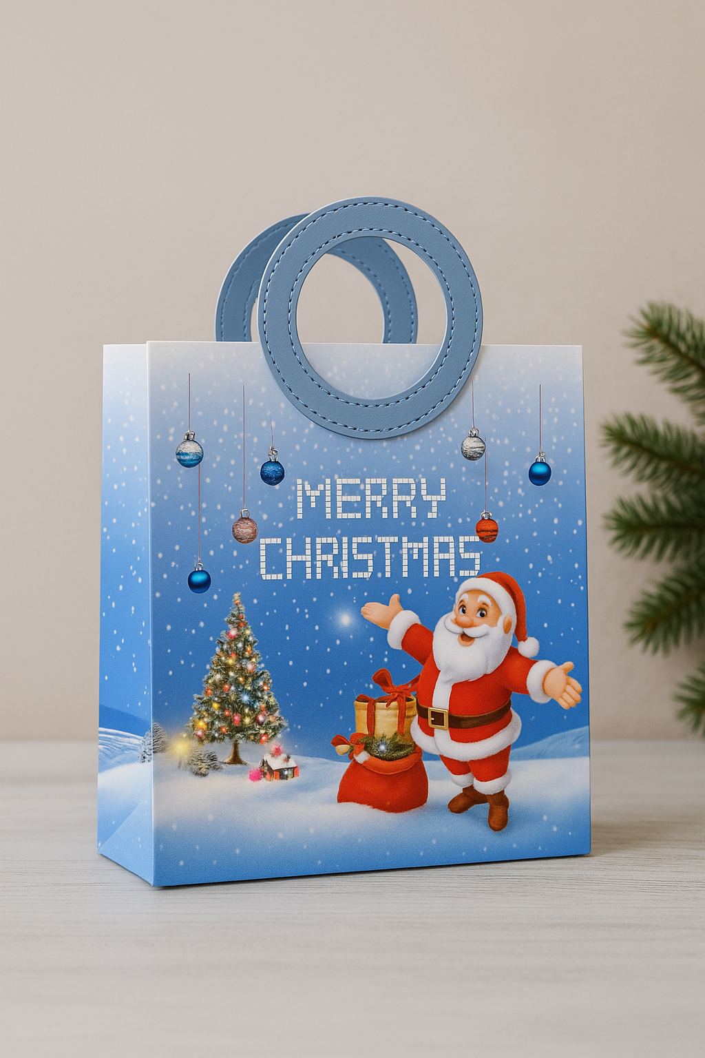 Blue Merry Christmas Gift Bag with Santa Print – Luxury Festive Packaging for Hampers, Gifts & Chocolates