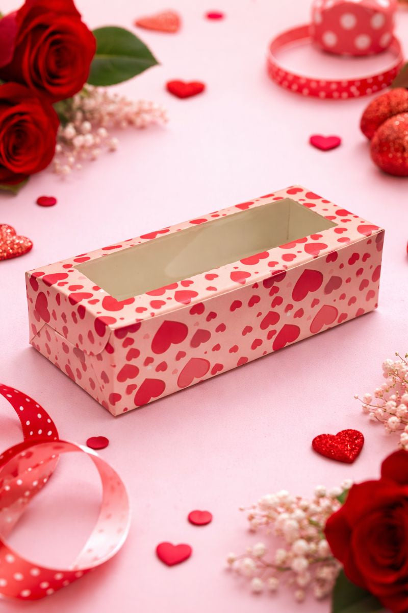 Valentine Heart Print 2 Brownie Box with Clear Window – Festive Packaging with Window
