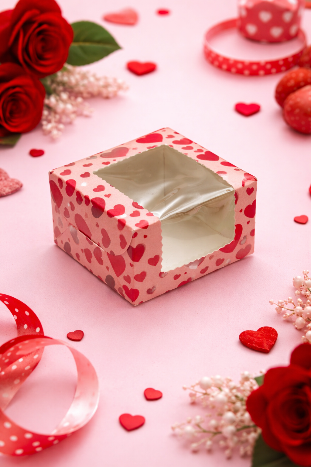 Valentine Heart Print Single Brownie Box with Clear Window – Festive Packaging with Window