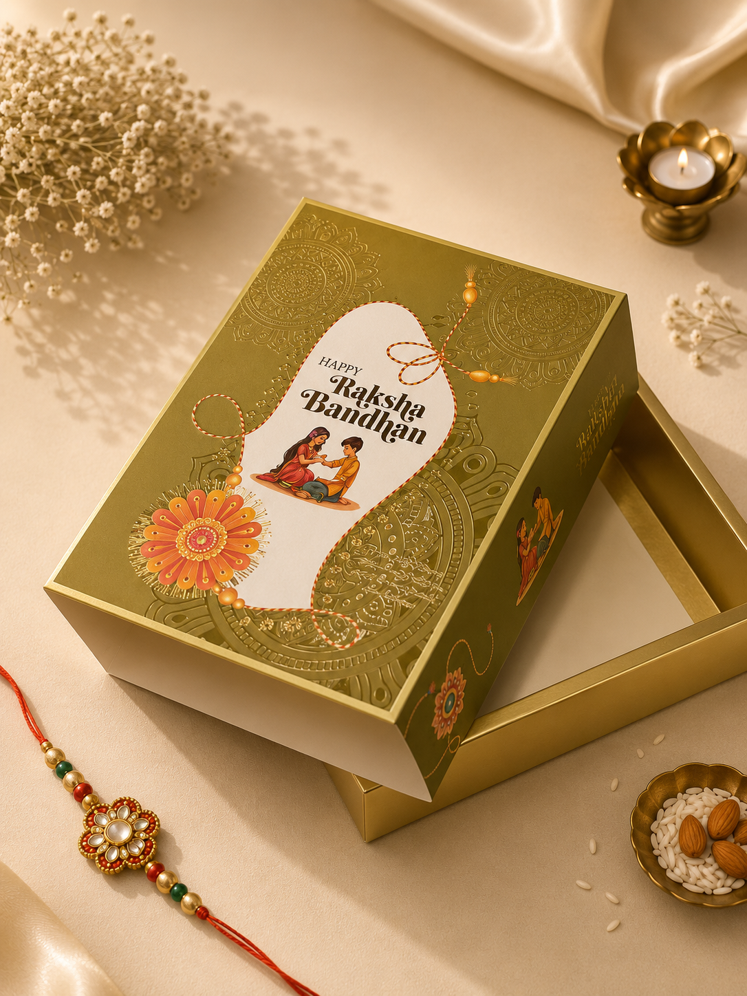 Olive Geen Premium Foldable Raksha Bandhan Hamper Gift Box with Window Lid | 11 x 8 x 3 Inches | Luxury Sweet, Dry Fruit & Gift Packaging Box