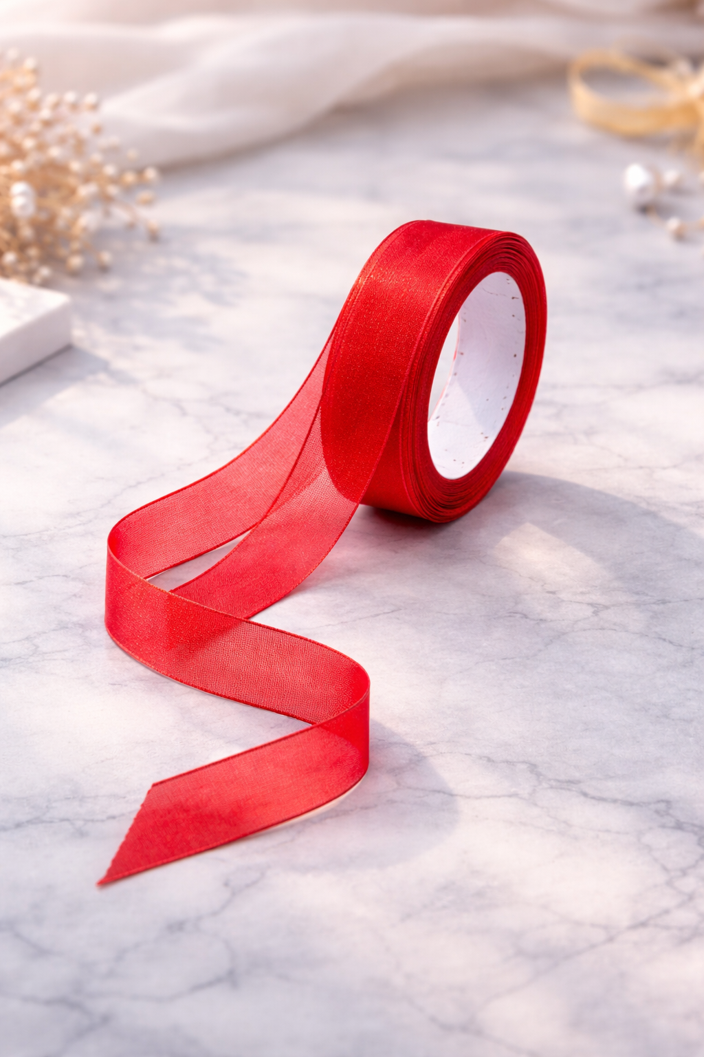 Red Premium Organza Ribbon Roll – 15 Meters x 1 Inch Width