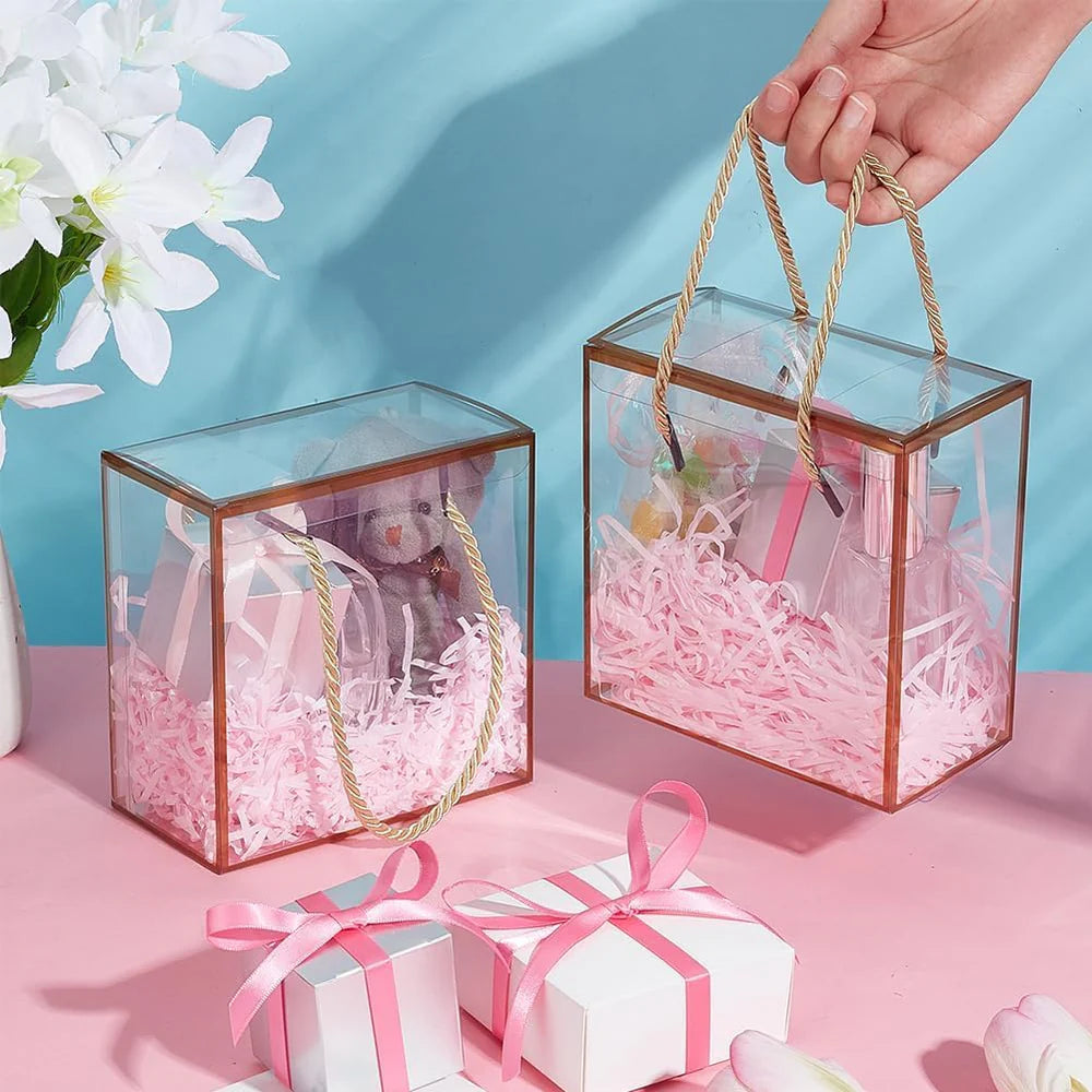 Small Golden Border Transparent Gift Bag with Rope Handle – 15×15×8.5 cm