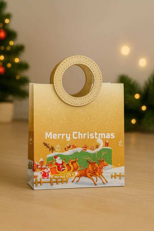 Golden Merry Christmas Gift Bag with Santa Print – Luxury Festive Packaging for Hampers, Gifts & Chocolates