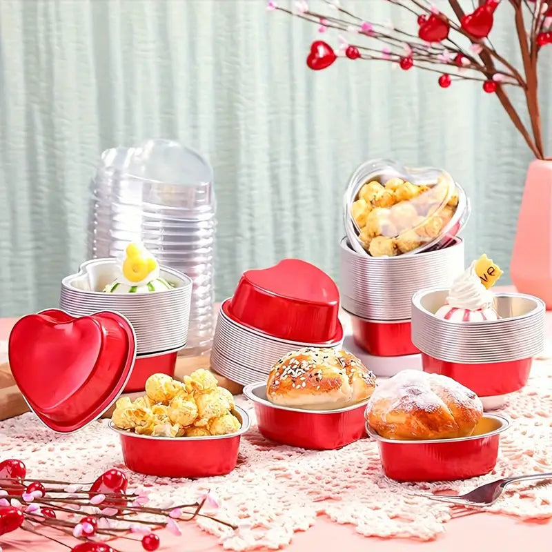 Red Heart-Shaped Aluminum Foil Baking Cups with Lids –Disposable Cake Molds | HEART FOIL BAKE&SERVE WITH LID