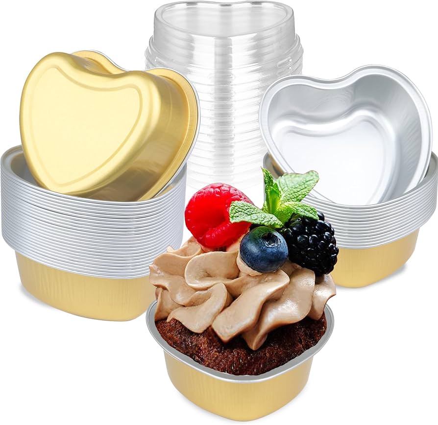 Golden Heart-Shaped Aluminum Foil Baking Cups with Lids –Disposable Cake Molds | HEART FOIL BAKE&SERVE WITH LID